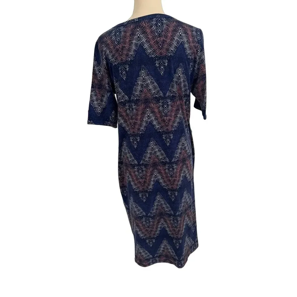 LuLaRoe Women’s Julia Geometric Design Blue White & Pink Knee Length Dress Sz XL
